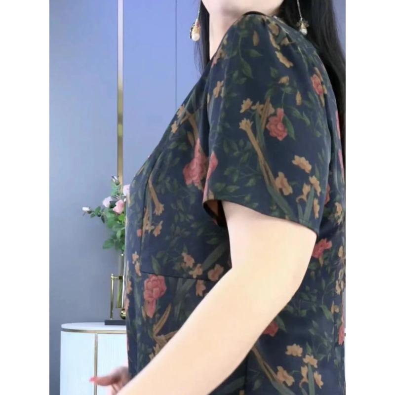 Women Dark Blue Floral Print Doll Collar A-line Short Sleeve Blouse XXL