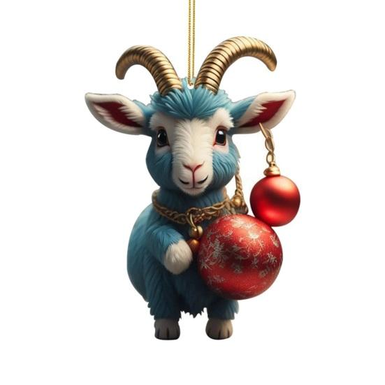 Auspicious Goat Theme Gifts 2D Acrylic Christmas Hanging Ornament, 3.15 Inch Farm Animal Xmas Tree Holiday Car Interior Decor Decoration for Rear View