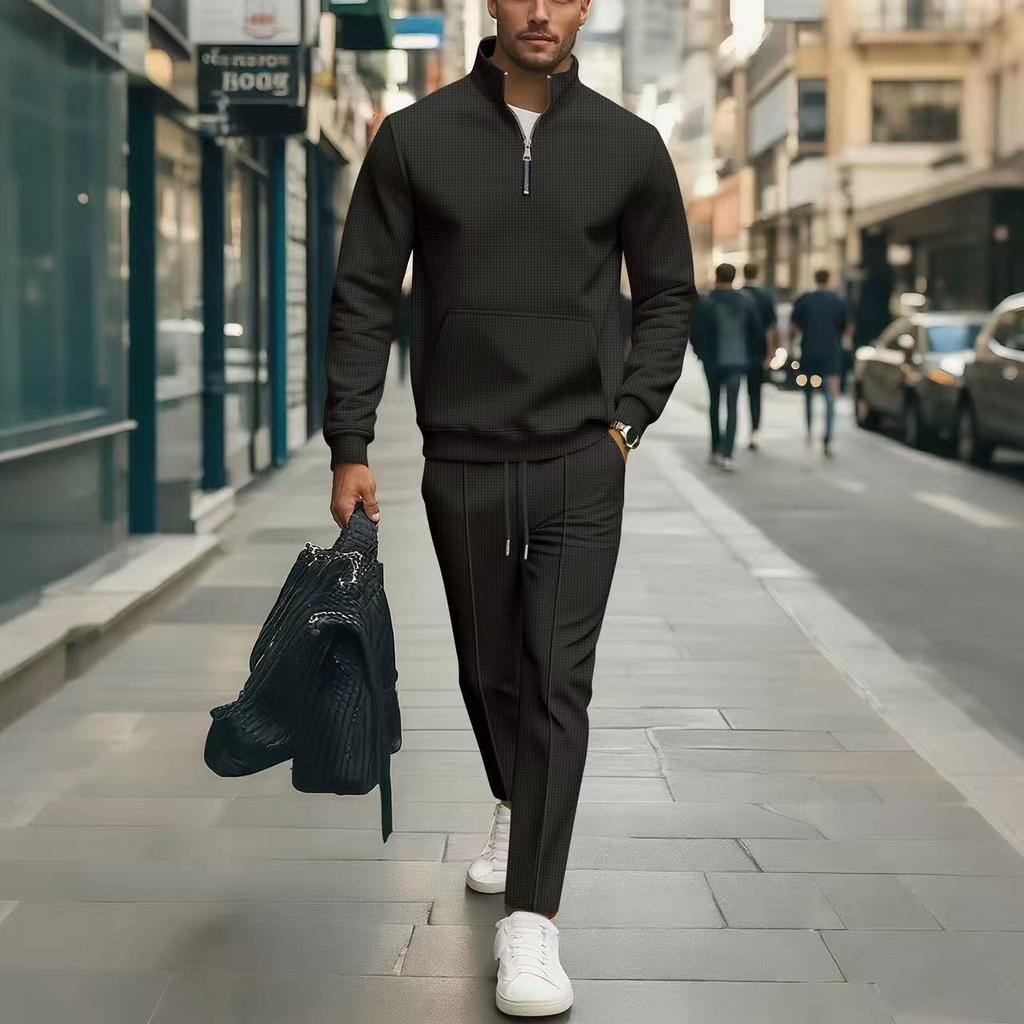 Autumn Waffle Stand Collar Pocket Hoodie and Long Pants Set