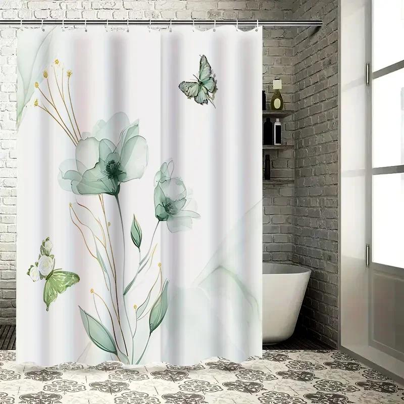 Elegant Floral and Butterfly Design Shower Curtain for Modern Bathroom Decor Waterproof and Mildew Resistant Fabric Bath Curtain