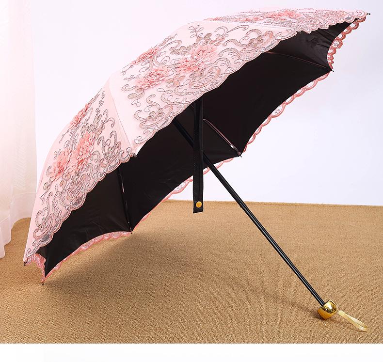 Retro Spetsbroderi UV-Blockerande Svart Paraply - Dubbelanvändbart Solskydd för Kvinnor