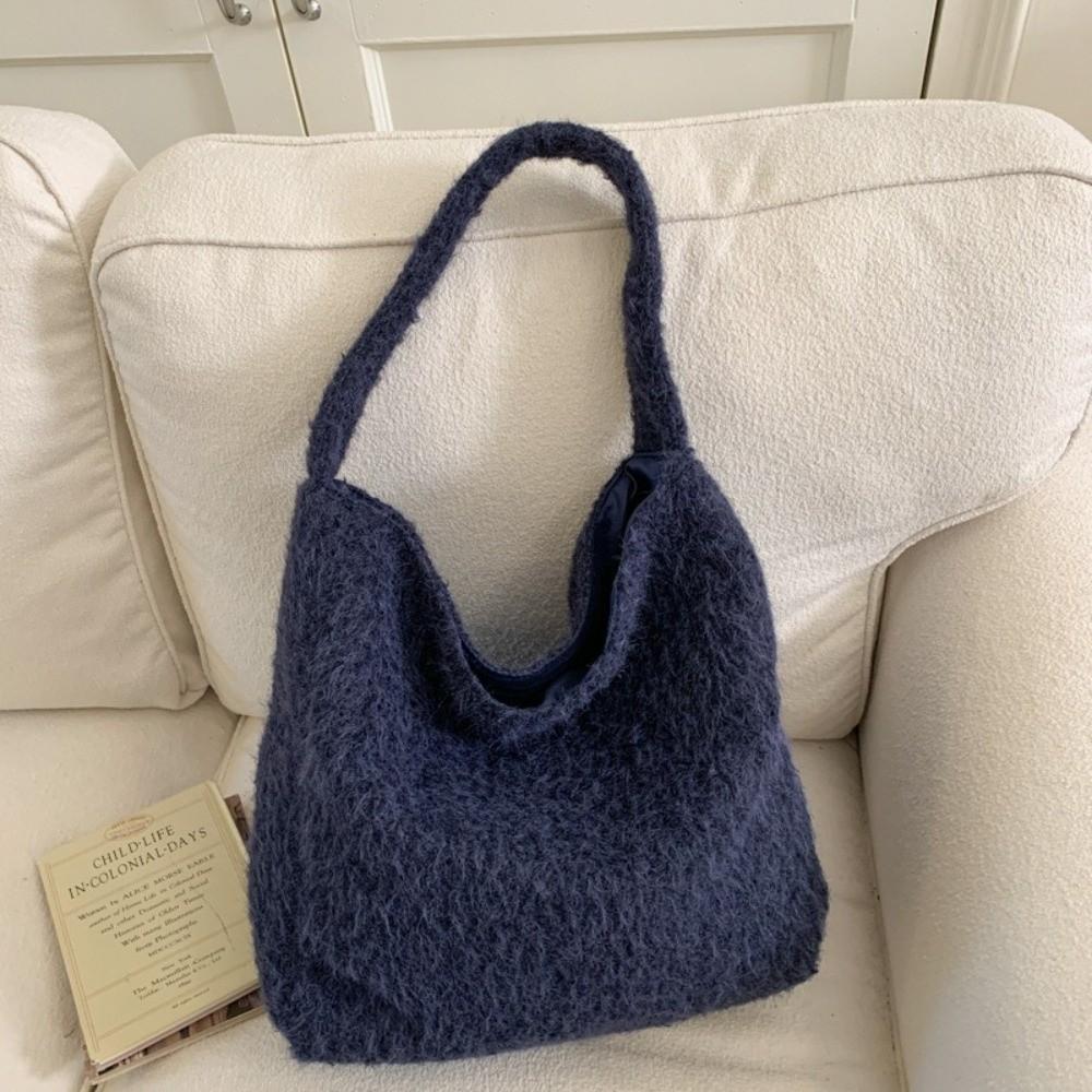 Casual Versatile Women Handbag Retro Solid Color Shoulder Bag Large Capacity Woolen Tote Bag for Women
