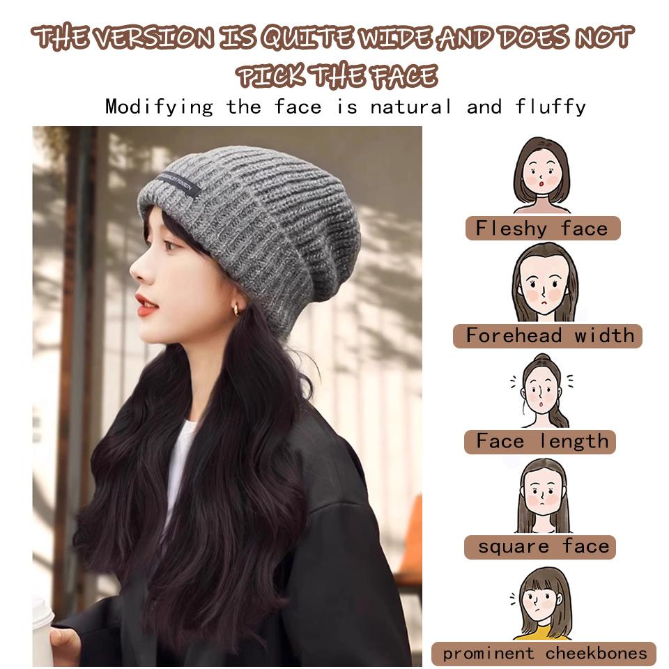 WTB Hat Wig Integrated Synthetic Wig Women Fashion Autumn And Winter Gray Warm Wool Knitted Hat Long Curly Wig Hat