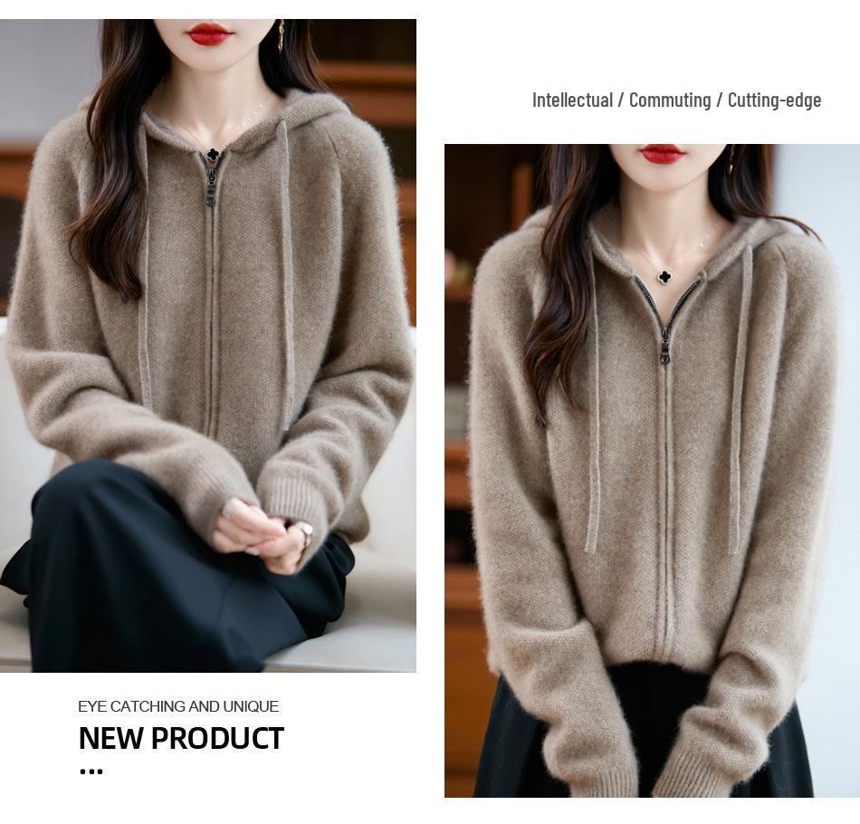 Women's Thick Wool Zipper Hooded Cardigan: Autumn/Winter Fashion, Loose Knit, Long Sleeve Sweater Coat.