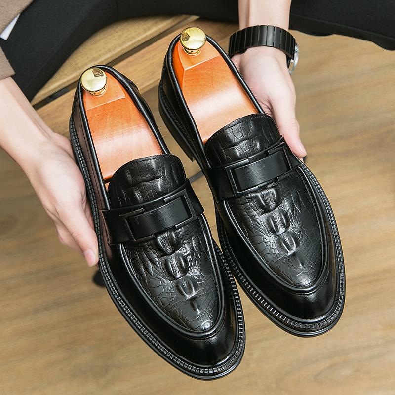 Luxury Men Dress Shoes Genuine Leather Crocodile Print Wedding Black Iron Buckles Business Office Slip On Mens Rubber Sole Shoes