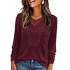 Women's Casual Color Long Sleeve Round Neck Top with Lace Trim