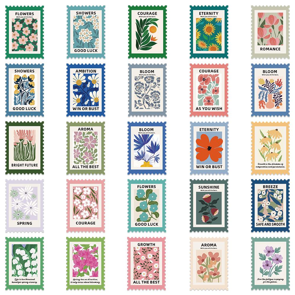 50Pcspack Stamp Style Flowers Retro Stickers Aesthetic Set For Journal Planner Diy Crafts Scrapbooking Embelishment Diary Label