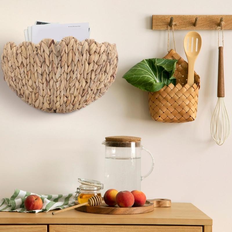 Natural Beige Hanging Basket Set for Small Item Storage, Handmade Wall Basket Pair with Wide Upper Access for Entryway and Bedroom Use