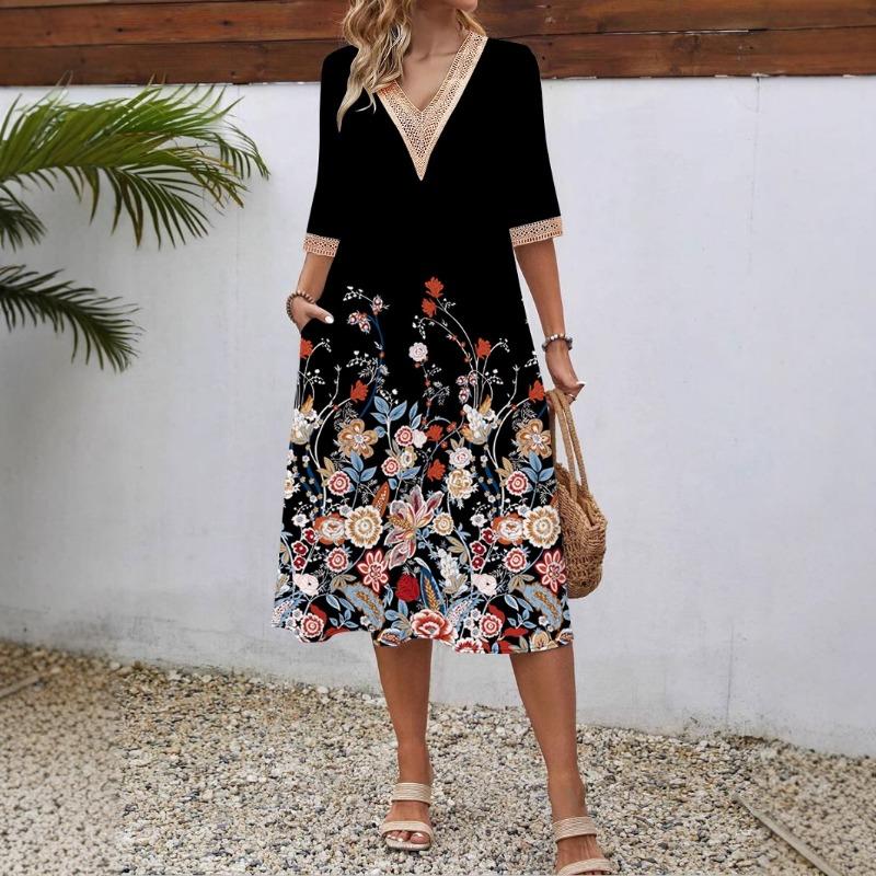 Women's Spring/summer Printed Short-sleeve Dress Lace V-neck Loose Swing Short-sleeve Mid-length Dress