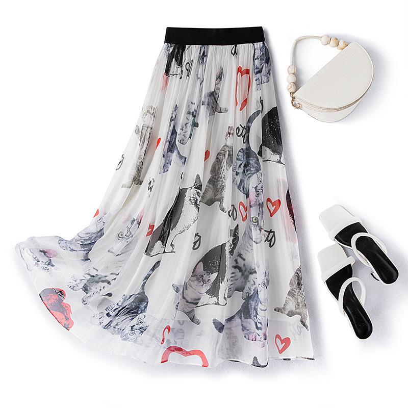 Silk Floral Summer Skirt - Elegant, Slimming, Elastic Waist L