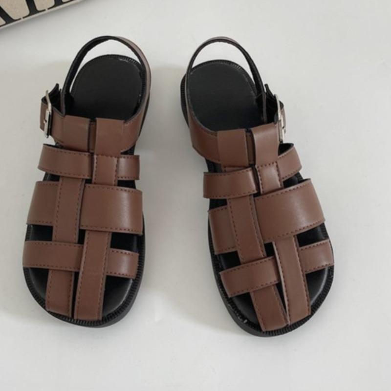 Fashion Summer New Baotou Sandals Women Fashion Round Head Knitted Metal Buckle Soft Sole Anti-slip Wear-resistant Flat Shoes