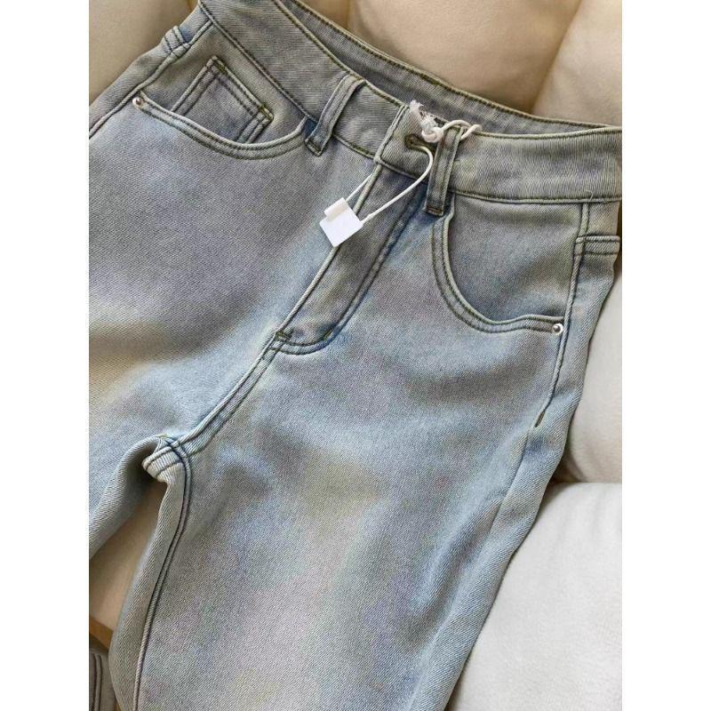 High Waist Plus-Sized Light Blue Velvet Flare Jeans for Autumn/Winter