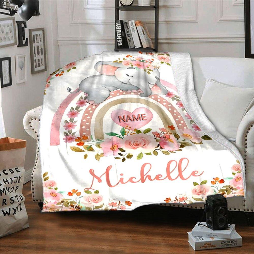 Cute Baby Elephant With Floral Rainbow And Personalized Design Throw Customizable Blanket Personalized Name Soft Cozy Perfect For Sofa Couch Office