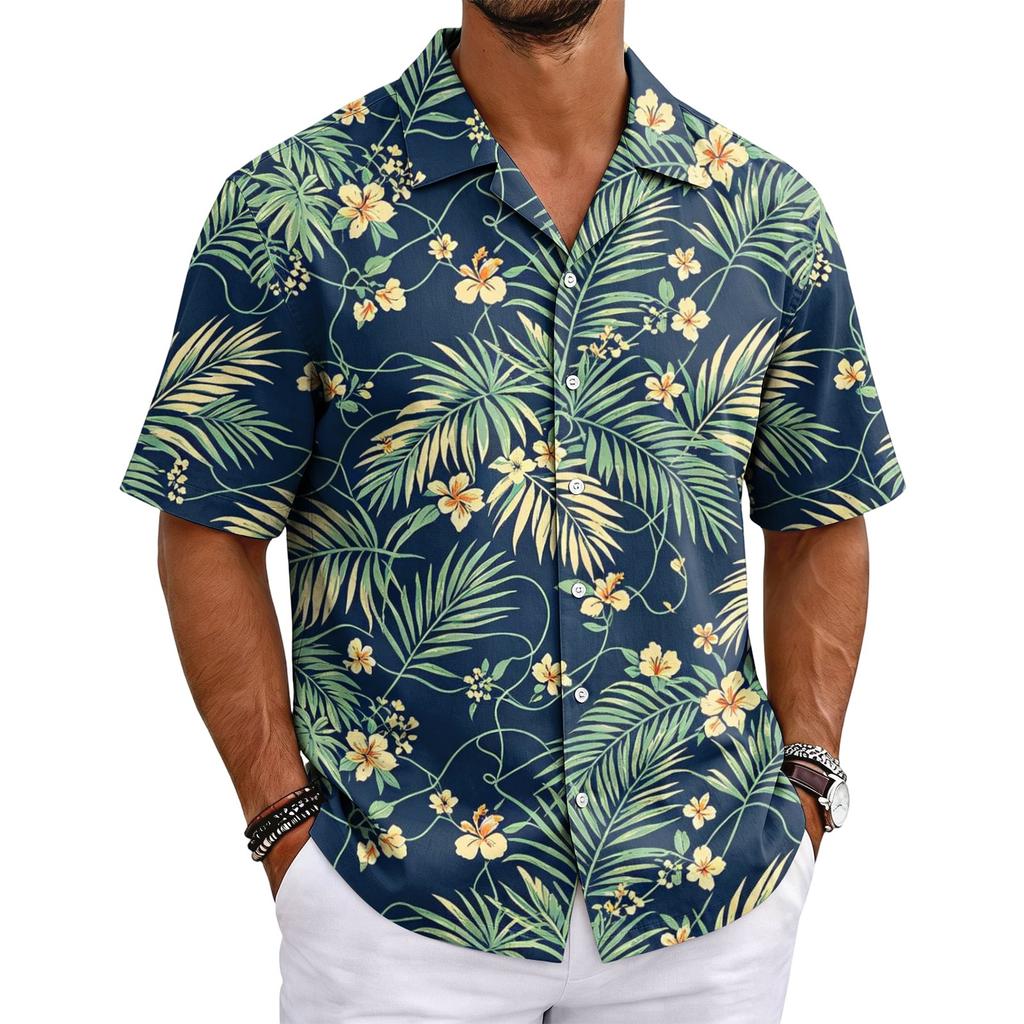Men's Summer Hawaiian Print Cuban Collar Shirt Short Sleeve Button Down Casual Beach Shirt Lightweight Breathable Fabric