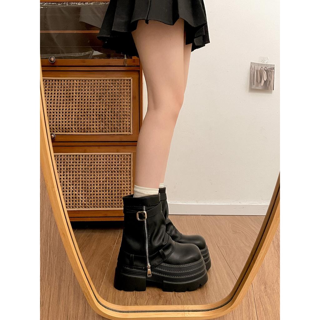 Retro Brown British Style Thick-soled Martin Boots Autumn with Skirt To Increase Height and Show Thinness Short Boots