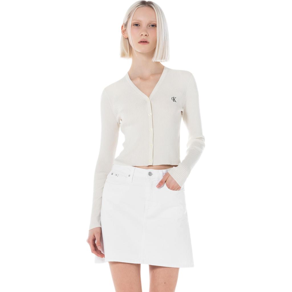 Calvin Klein Jean Jacquard Lettre Col en V Manches Longues Tricot Top Femme tops Blanc cassé J224287