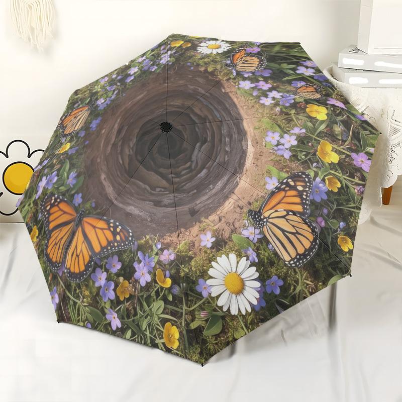Sunflower And Butterfly Garden A Vibrant Floral Artwork Compact Travel Automatic Umbrella With 8 Rib Foldable Design Travel Essential Fashionable
