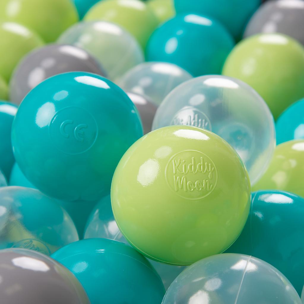 KiddyMoon 100 Balls 7cm/2.75in Soft Plastic Play Balls for Children Certified Made In Eu, Turquoise/light Green/grey/transpa