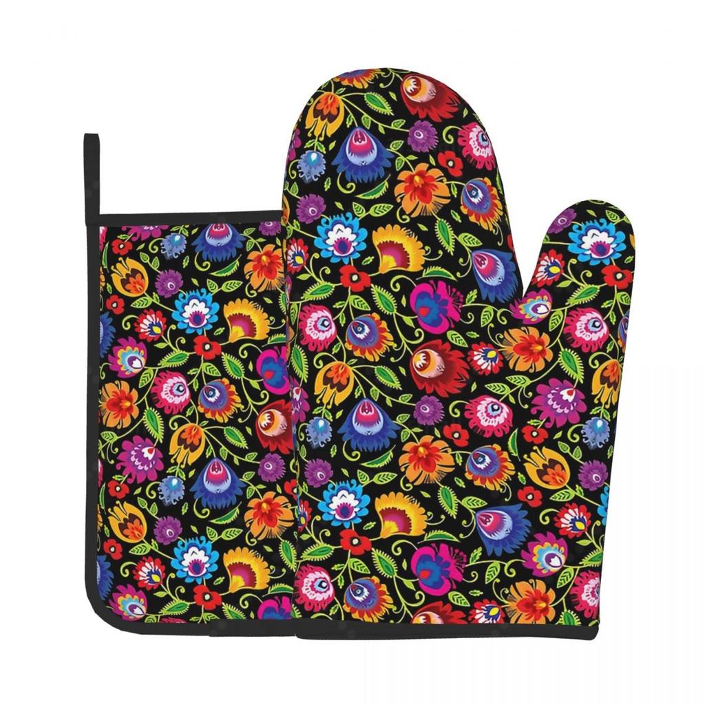Flowers Floral Folk Art Heat Resistant Oven Mitts and Pot Holders Sets Oven Gloves for BBQ Cooking Baking Grilling