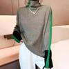 Autumn and winter design sense lazy loose contrasting color sleeves full imitation wool turtleneck knitted sweater women's autumn and winter