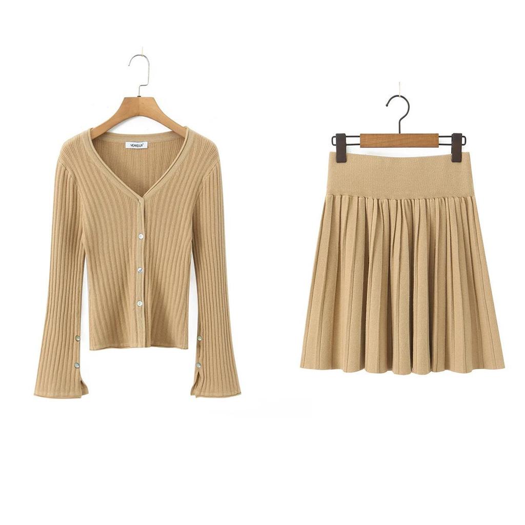 Korean Retro V-Neck Cardigan & High Waist Pleated Skirt Knit Set