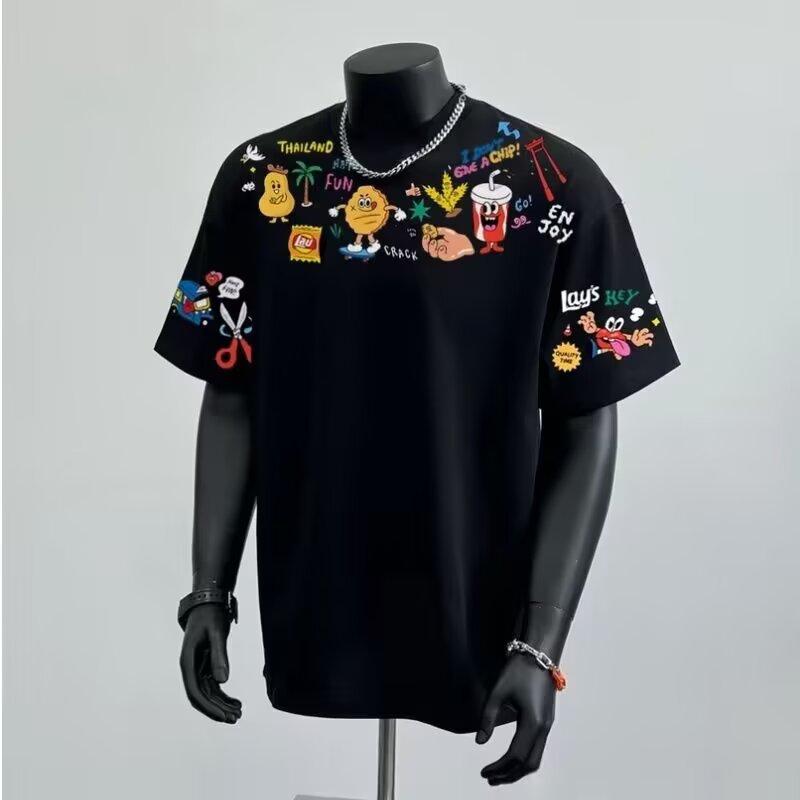 

American Trendy Cartoon Printed Casual Short Sleeved T-Shirt For Boys In Summer, Niche Loose Top Ins 5XL білий