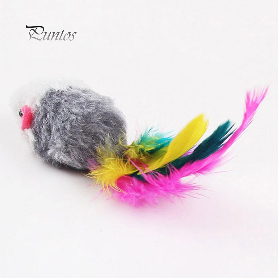 Флисовые мышки с хвостом из натуральных перьев для кошек. 10 штук в упаковке — фото 2