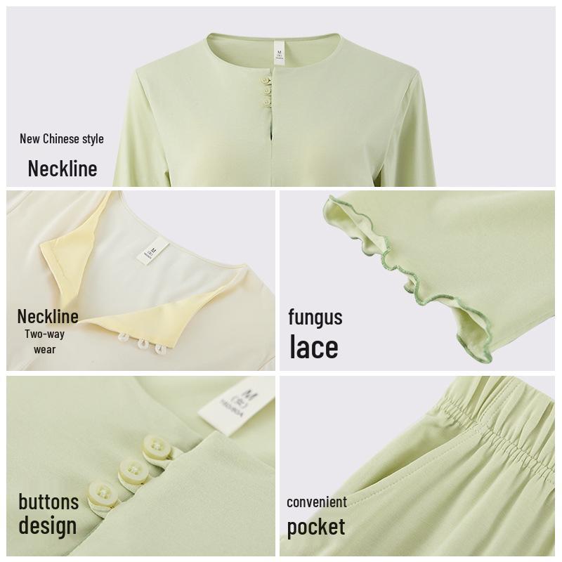 High-End Women's Summer Set: Chinese-Style Long Sleeve Top & Pants with Chest Pad, Lyocell Cotton Pajamas