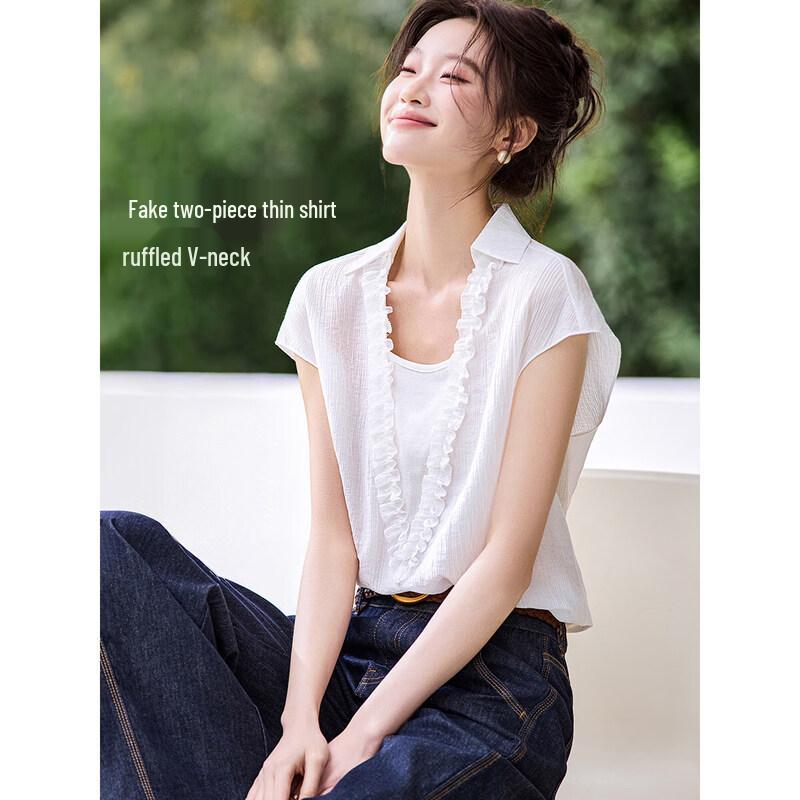 Women s V-Neck Ruffle Cap Sleeve Blouse L
