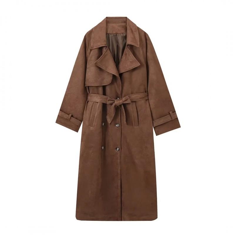 Womens Oversized Vintage Double-Breasted Belted Trench Coat Long Sleeve Suede Fleece Jacket Fall Winter