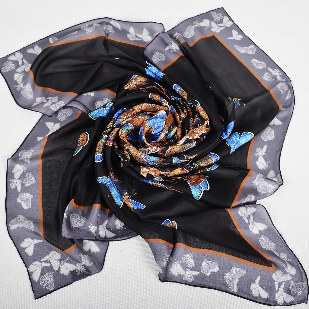 BYSIFA| Black Grey Women Pure Silk Scarves Hijabs Elegant Blue Butterfly Design 100% Mulberry Silk Square Neck Scarf Shawl 108cm
