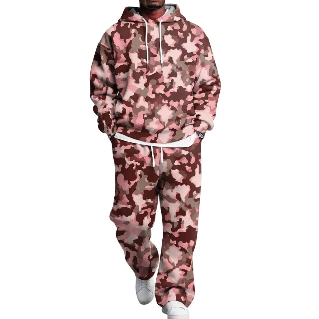 Men's Layer 2 Piece Hoodie and Cargo Pants Set with Elastic Waistband for Casual Wear