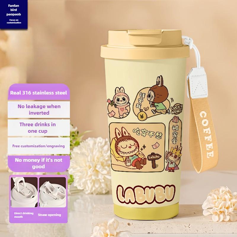 Tecknad Rostfri Stålkopp Högvärdig Termosmugg 3D Dubbel Drickstrå Kaffekopp