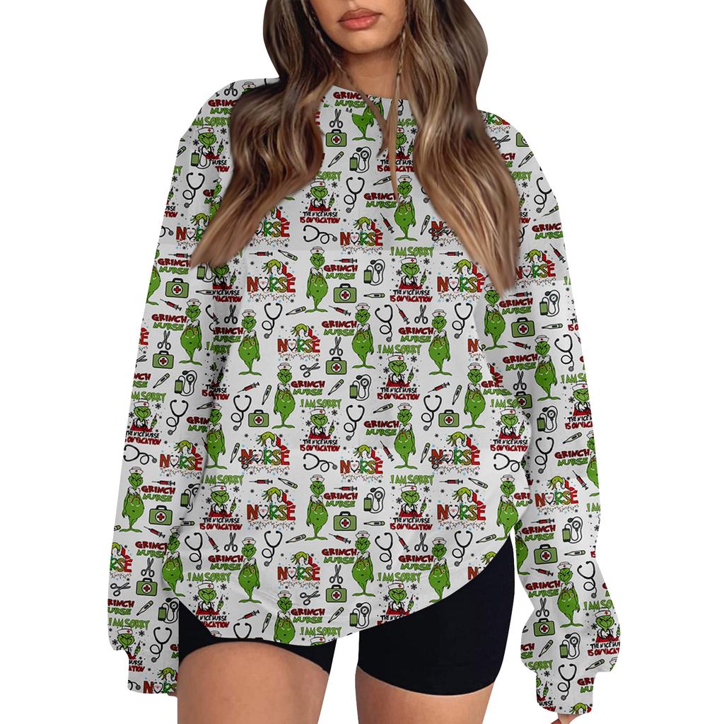 Women's Fashion Casual Long Sleeve Christmas Printed Neck Top