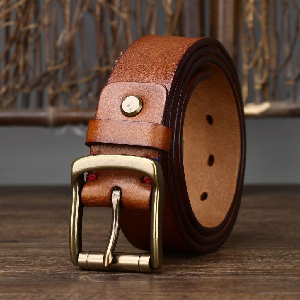 Belt Men's Retro Distressed Laser Carved Italian Vegetable Tanned Leather First Layer Pure Cattlehide Brass Buckle Belt