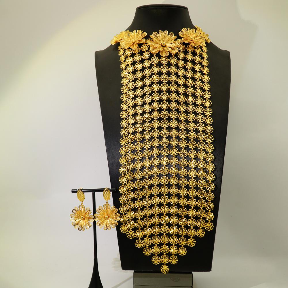 Роскошный Сверкающий Большой Цветок Женский Банкетный Длинный Ожерелье Браслет Серьги Набор