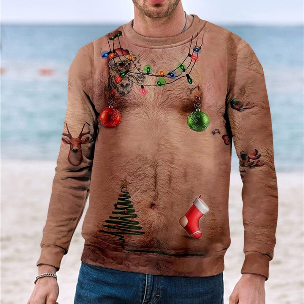 Christmas Chest 3D Print Long Sleeve Sweater Creative Couple  Winter Round Neck Party Coat