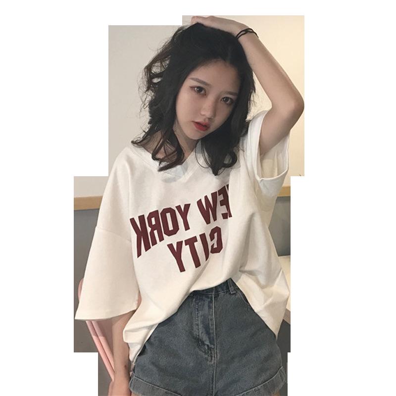 Damski T-shirt z krótkim rękawem w stylu koreańskim z nadrukiem literowym - Letnia moda luźny top