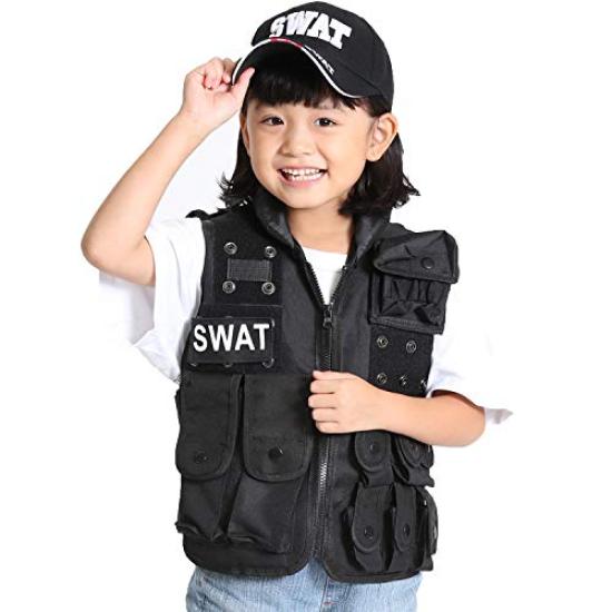 Halloween Costume Cosplay SWAT Kids Vest Hat Men Costume Police Tactical Vest Military Army Cap (Vest + Hat) 2-Piece Set Unisex Barsado