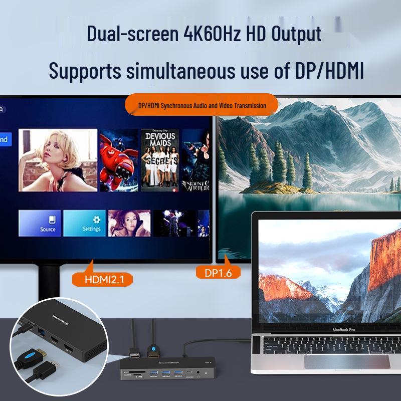 8K 30Hz Type-C Docking Station with Multi-Screen Display, HDMI 2.1/DP 1.4, Laptop Expansion Dock & USB Splitter