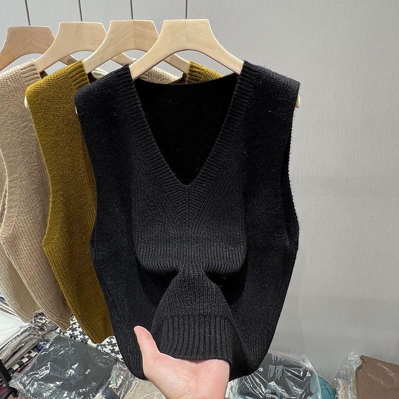 

Женский вязаный свитер, жилет, весна-осень, короткий свободный винтажный свитер без рукавов для девочек, пуловер с v-образным вырезом, топы, женская верхняя одежда 3XL чёрный
