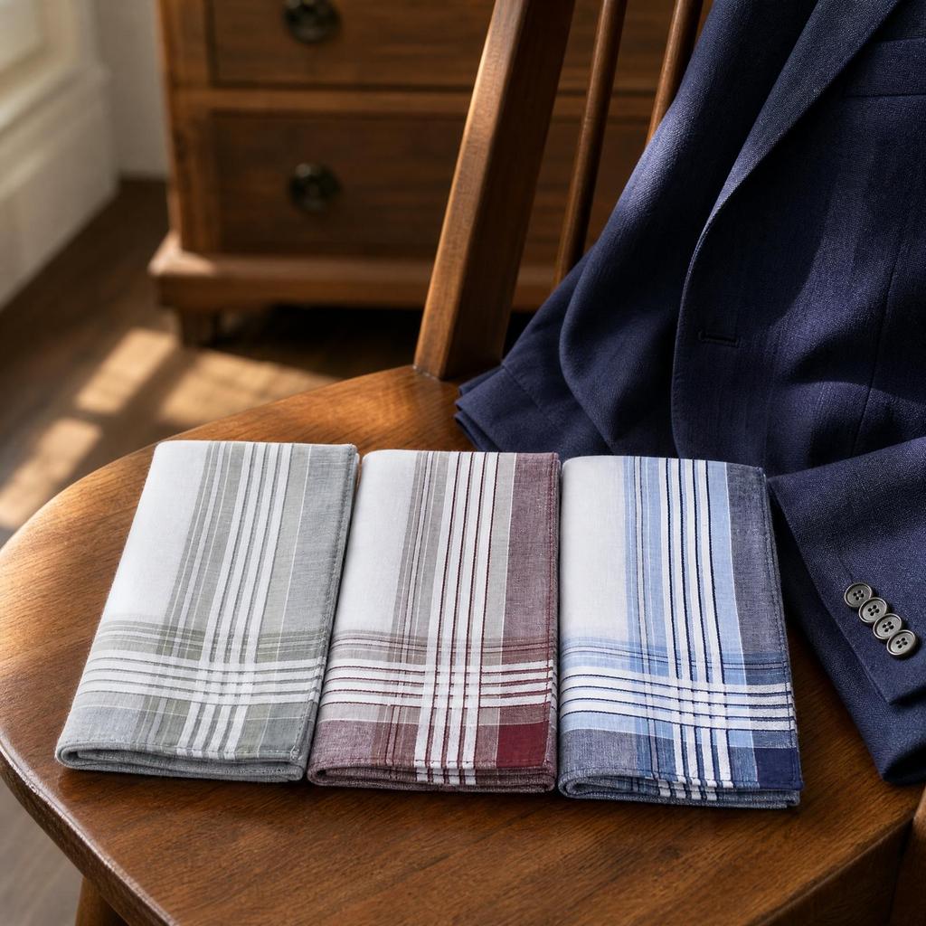 3 Pieces Woven Plaid Handkerchief Absorbent Hankie Wrinkle-Resistant for Dinners