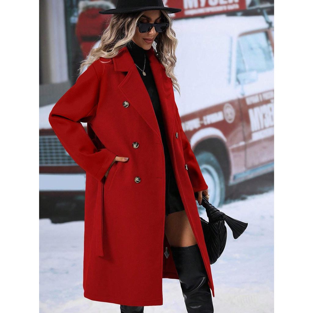 2025 Autumn Winter Women's Double-Breasted Wool Blend Trench Coat, Belted Waist Elegant Overcoat with Notched Lapel, Classic Office Chic Outerwear