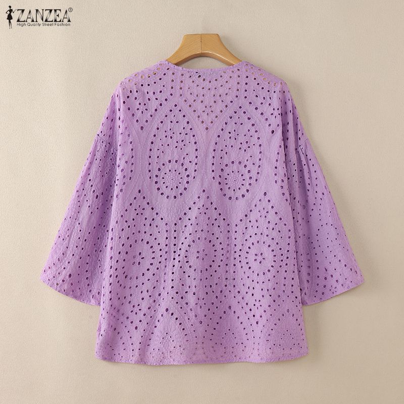 ZANZEA Blusa da Donna Casual con Scollo a V, Maniche a 3/4, Larga, Patchwork di Pizzo all'Uncinetto
