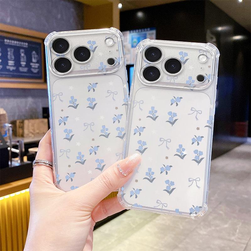 Mori Light Blue Floral Transparent Four Corners Anti-drop Apple 12/13promax Summer Mobile Phone Case Girls High Value