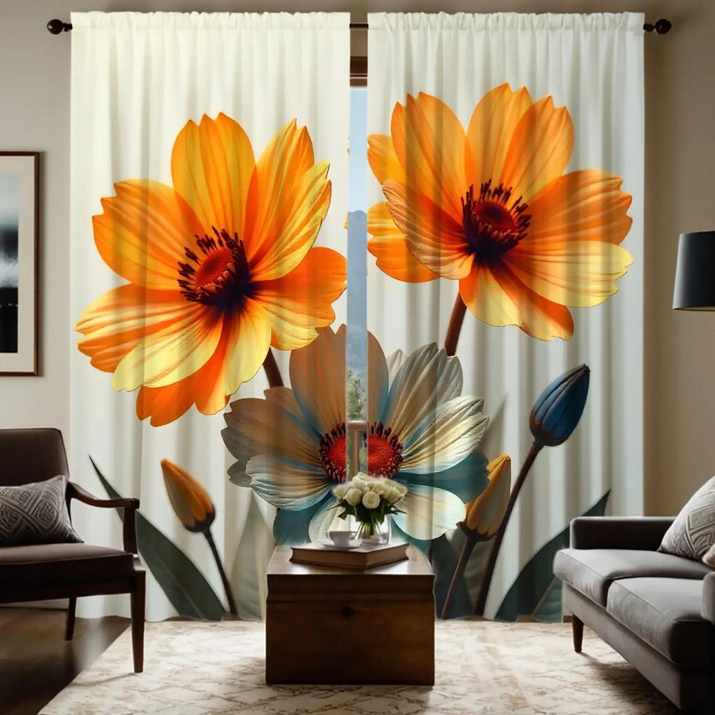 2 Stück Vorhänge mit orange-blauem Blumenmuster   Polyesterstoff   maschinenwaschbar   geeignet für Schlafzimmer-Wohnzimmer-Dekoration