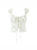 Women's Retro Floral Ruffle Square Neck Top with High Waist Back Tie Elastic