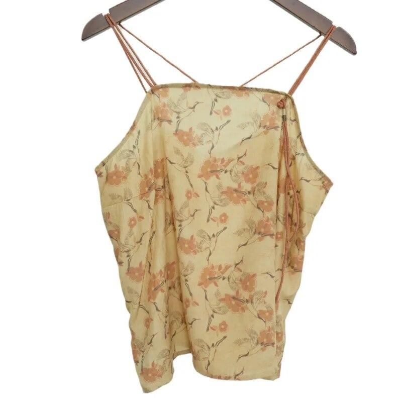 Johnature Dámské jarní camis v čínském stylu Vintage bavlněný potisk květinové topy Dámské camis