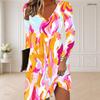 Women Plus Size V Neck Long Sleeve Printed Striped Curved Hem Casual Dress