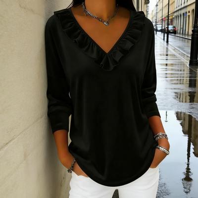 Hauts pour femmes Col en V Manches longues Décolleté à volants Pulls Couleur unie Coupe ample Blouse en velours Pour le travail, les fêtes, les rendez-vous